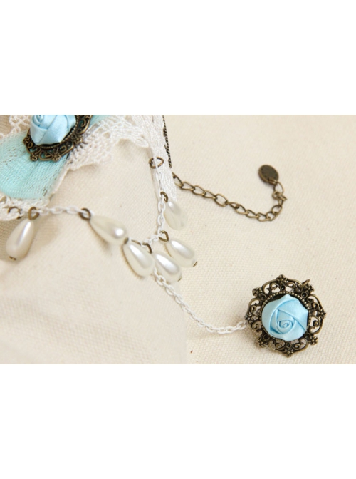 Retro Fashion Bride White Lace Blue Rose Female Handmade Bracelet With Ring One Chain