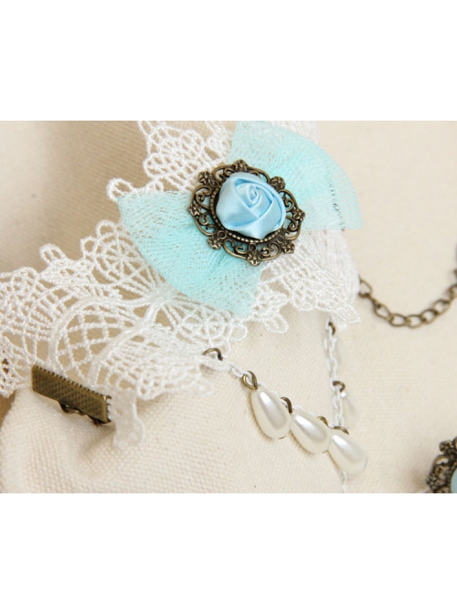 Retro Fashion Bride White Lace Blue Rose Female Handmade Bracelet With Ring One Chain