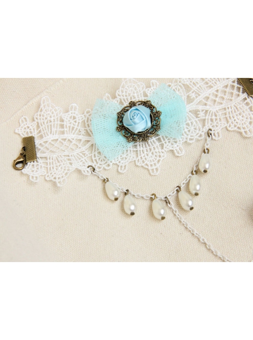 Retro Fashion Bride White Lace Blue Rose Female Handmade Bracelet With Ring One Chain