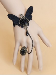 Gothic Retro Fashion Vampire Lace Butterfly Black Prom Rose Female Bracelet With Ring One Chain