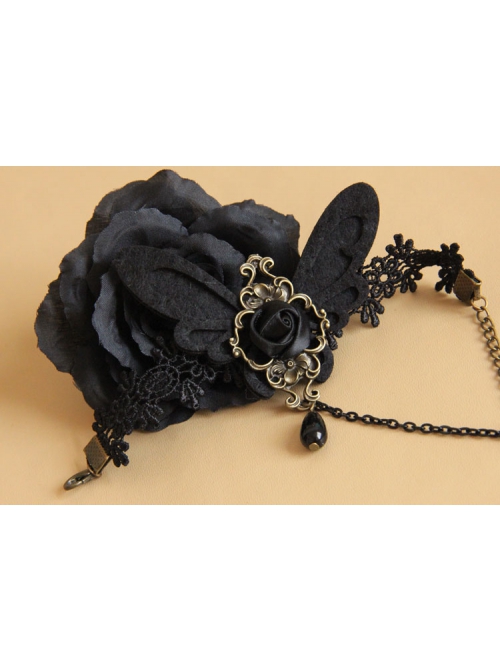 Gothic Retro Fashion Vampire Lace Butterfly Black Prom Rose Female Bracelet With Ring One Chain