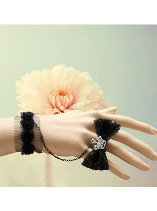 Fashion Black Gothic Retro Cute Lolita Lace Bowknot Crown With Ring Bracelet