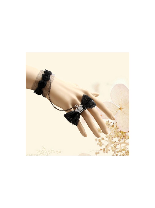 Fashion Black Gothic Retro Cute Lolita Lace Bowknot Crown With Ring Bracelet