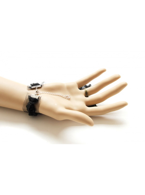 Fashion Black Gothic Retro Cute Lolita Lace Bowknot Crown With Ring Bracelet