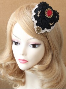 Fashion Personality Gothic Bride Retro Black Lace Rose Flower Ruby Top Hat Hairpin