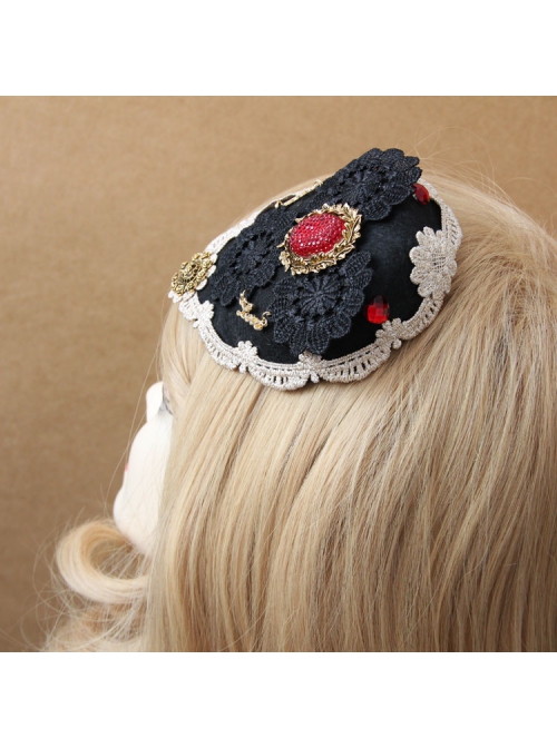 Fashion Personality Gothic Bride Retro Black Lace Rose Flower Ruby Top Hat Hairpin