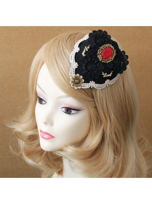 Fashion Personality Gothic Bride Retro Black Lace Rose Flower Ruby Top Hat Hairpin