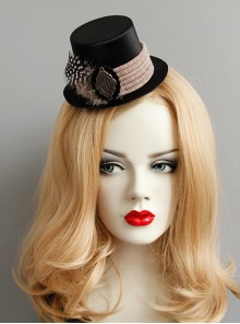 Retro Gothic Fashion Creative Polka Dot Brown Feather Black Felt Cloth Top Hat