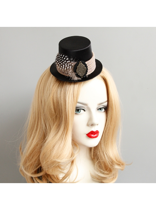 Retro Gothic Fashion Creative Polka Dot Brown Feather Black Felt Cloth Top Hat