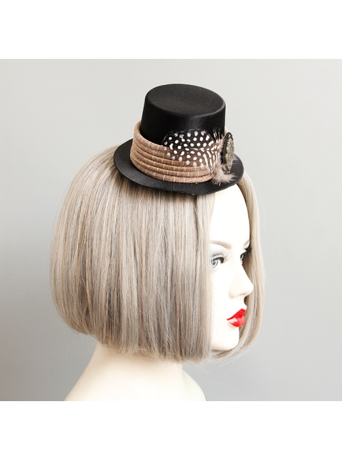 Retro Gothic Fashion Creative Polka Dot Brown Feather Black Felt Cloth Top Hat