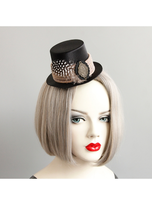 Retro Gothic Fashion Creative Polka Dot Brown Feather Black Felt Cloth Top Hat