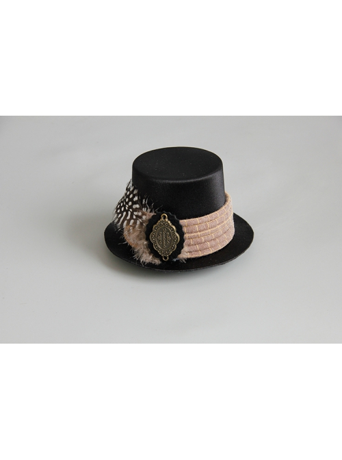 Retro Gothic Fashion Creative Polka Dot Brown Feather Black Felt Cloth Top Hat