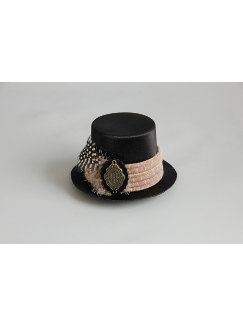 Retro Gothic Fashion Creative Polka Dot Brown Feather Black Felt Cloth Top Hat