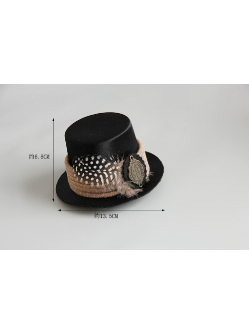 Retro Gothic Fashion Creative Polka Dot Brown Feather Black Felt Cloth Top Hat