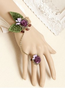 Retro Personality Fashion Female Purple Rose Leaves Hemp Rope Bracelet With Ring One Chain