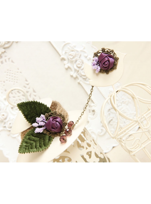 Retro Personality Fashion Female Purple Rose Leaves Hemp Rope Bracelet With Ring One Chain