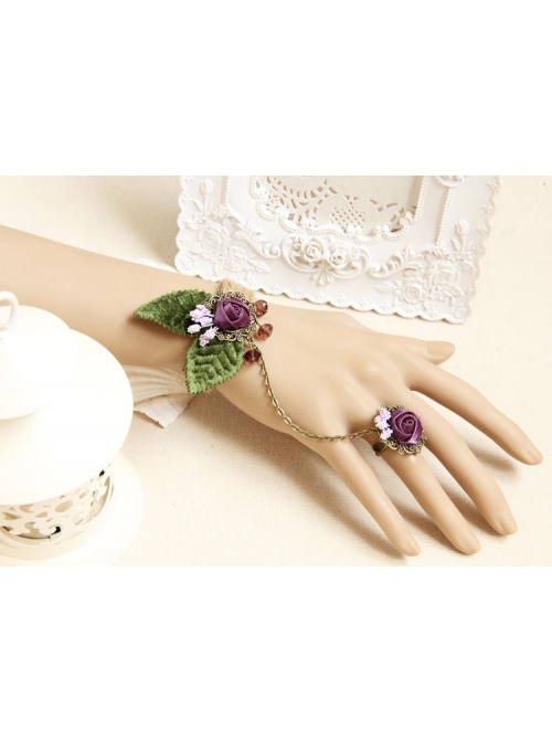 Retro Personality Fashion Female Purple Rose Leaves Hemp Rope Bracelet With Ring One Chain