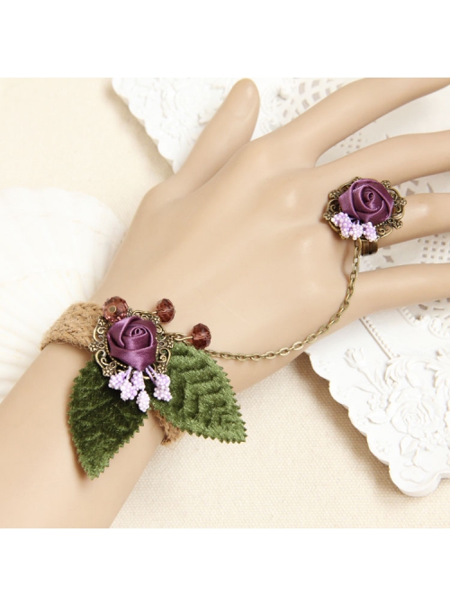 Retro Personality Fashion Female Purple Rose Leaves Hemp Rope Bracelet With Ring One Chain