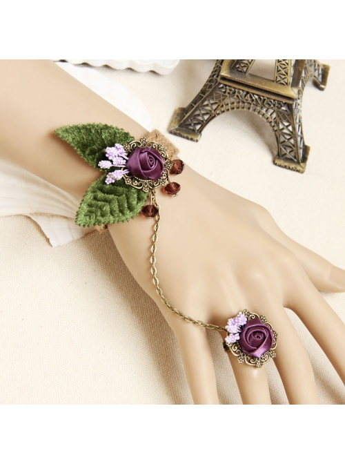 Retro Personality Fashion Female Purple Rose Leaves Hemp Rope Bracelet With Ring One Chain