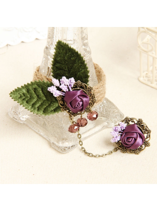 Retro Personality Fashion Female Purple Rose Leaves Hemp Rope Bracelet With Ring One Chain