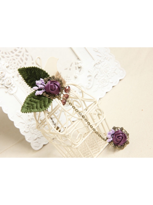 Retro Personality Fashion Female Purple Rose Leaves Hemp Rope Bracelet With Ring One Chain