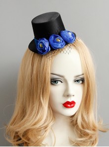 Retro Fashion Personality Party Royal Blue Flowers Black Mesh Top Hat Hairpin