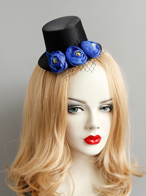 Retro Fashion Personality Party Royal Blue Flowers Black Mesh Top Hat Hairpin