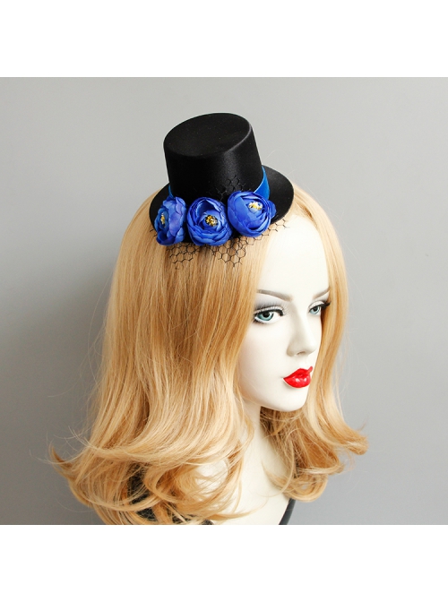Retro Fashion Personality Party Royal Blue Flowers Black Mesh Top Hat Hairpin