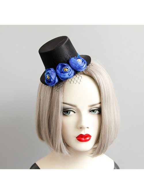 Retro Fashion Personality Party Royal Blue Flowers Black Mesh Top Hat Hairpin