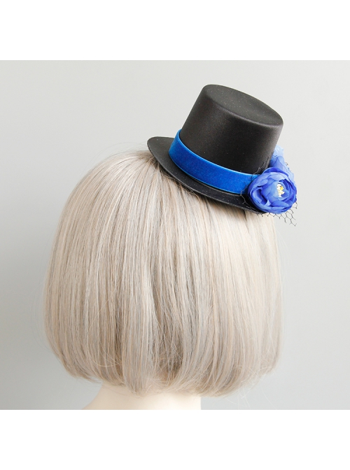 Retro Fashion Personality Party Royal Blue Flowers Black Mesh Top Hat Hairpin