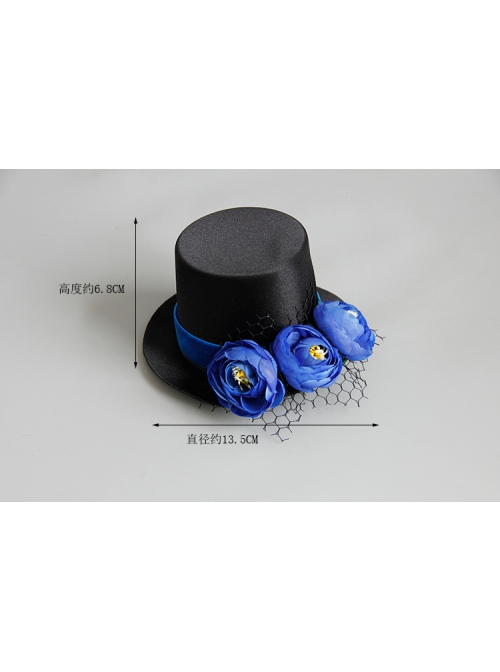Retro Fashion Personality Party Royal Blue Flowers Black Mesh Top Hat Hairpin
