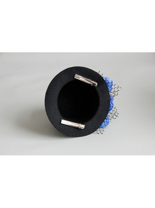 Retro Fashion Personality Party Royal Blue Flowers Black Mesh Top Hat Hairpin