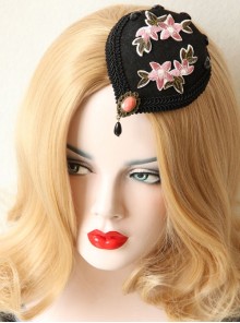 Retro Fashion Pink Embroidery Flower Black Resin Diamond Show Top Hat Hairpin