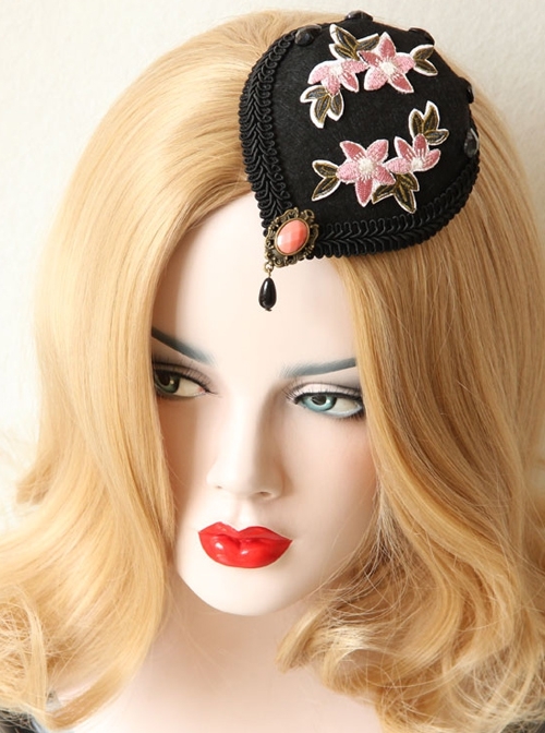 Retro Fashion Pink Embroidery Flower Black Resin Diamond Show Top Hat Hairpin