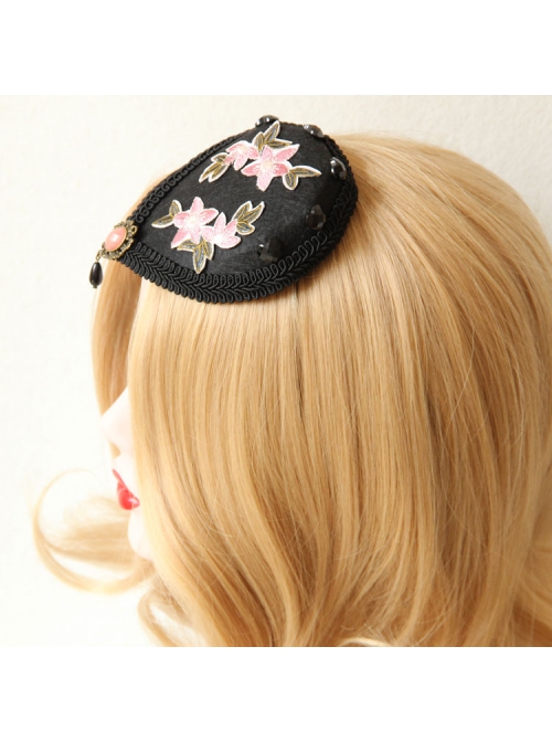 Retro Fashion Pink Embroidery Flower Black Resin Diamond Show Top Hat Hairpin