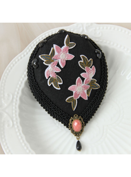 Retro Fashion Pink Embroidery Flower Black Resin Diamond Show Top Hat Hairpin
