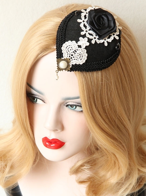 Exquisite Fashion Gothic Retro Black Rose White Lace Banquet Party Prom Flower Top Hat Hairpin