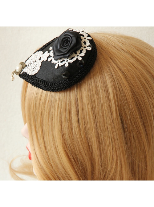 Exquisite Fashion Gothic Retro Black Rose White Lace Banquet Party Prom Flower Top Hat Hairpin