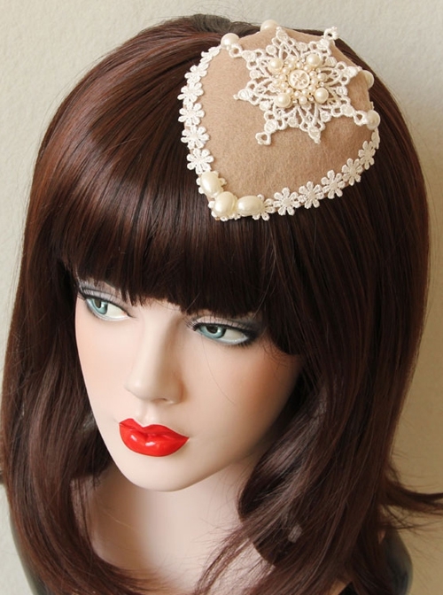 Fashion Personality Sweet Beige All-Match Lady White Lace Pearl Top Hat Hairpin