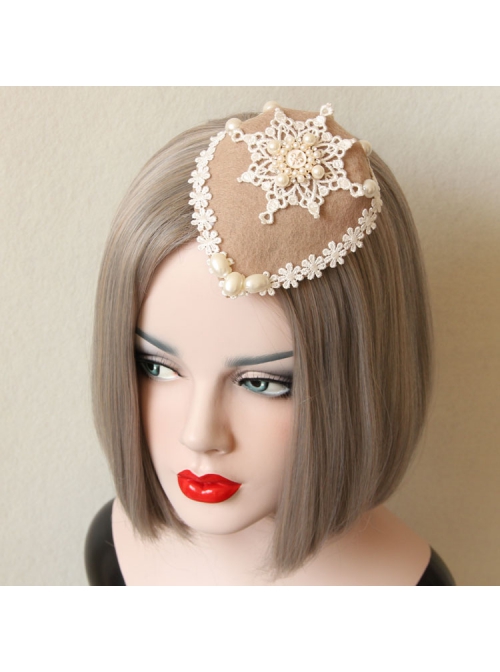 Fashion Personality Sweet Beige All-Match Lady White Lace Pearl Top Hat Hairpin