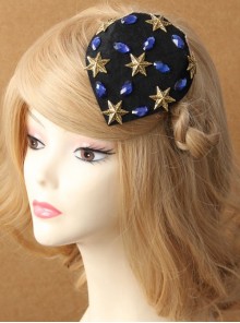 Cute Fashion Retro Golden Star Sapphire Party Black Top Hat Hairpin