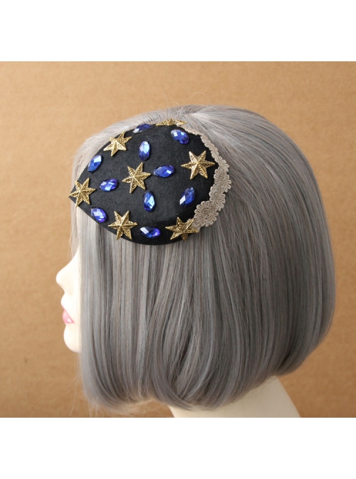 Cute Fashion Retro Golden Star Sapphire Party Black Top Hat Hairpin