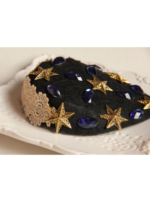 Cute Fashion Retro Golden Star Sapphire Party Black Top Hat Hairpin