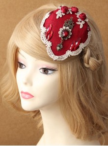 Palace Fashion Retro Bride Red Rose Flower Gemstone White Lace Top Hat Hairpin