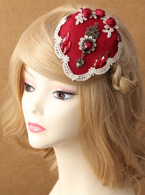 Palace Fashion Retro Bride Red Rose Flower Gemstone White Lace Top Hat Hairpin