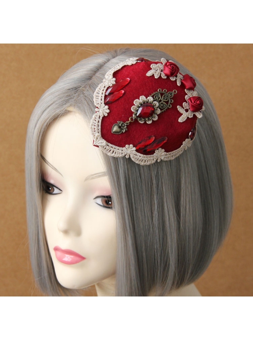 Palace Fashion Retro Bride Red Rose Flower Gemstone White Lace Top Hat Hairpin
