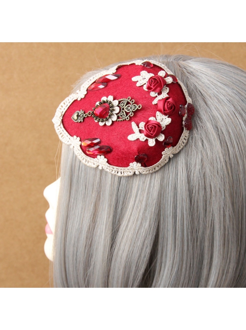 Palace Fashion Retro Bride Red Rose Flower Gemstone White Lace Top Hat Hairpin