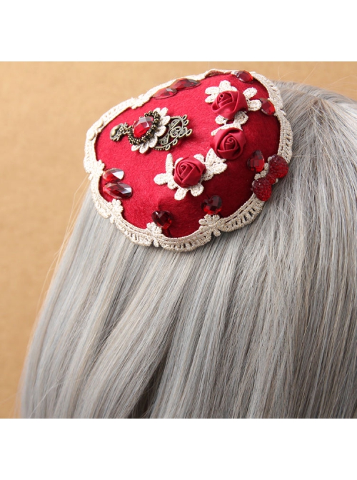 Palace Fashion Retro Bride Red Rose Flower Gemstone White Lace Top Hat Hairpin