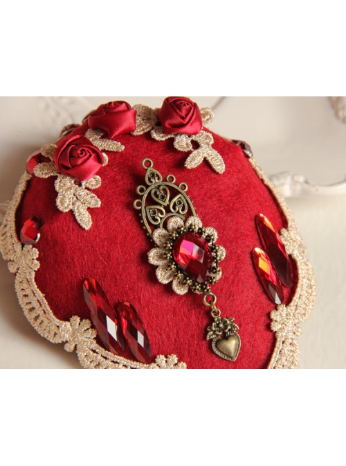 Palace Fashion Retro Bride Red Rose Flower Gemstone White Lace Top Hat Hairpin