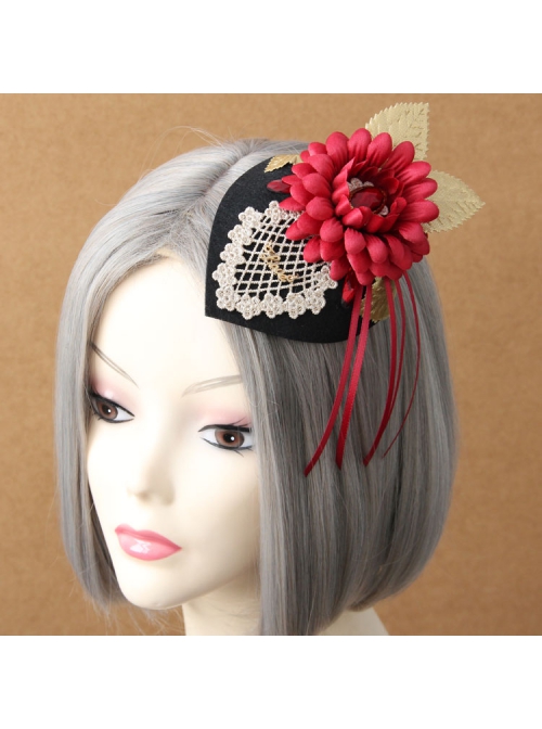 Fashion Female Elegant Retro Dinner Bride Red Flower White Lace Black Top Hat Hairpin